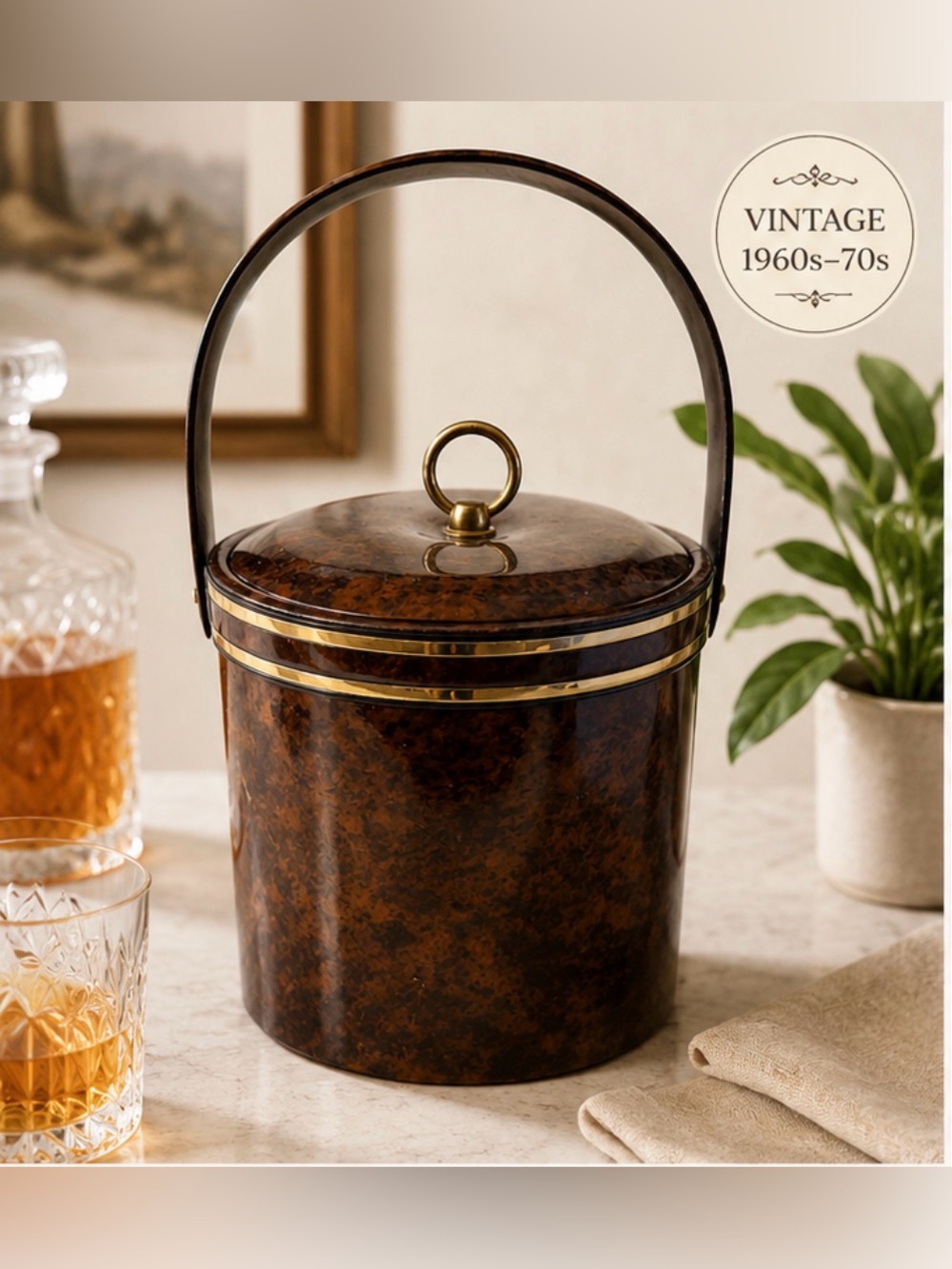 Vintage Georges Briard Faux Tortoise Ice Bucket Brass MCM Barware